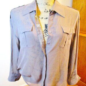 bebe Women's Sheer Blouse, Long Sleeve, Brown, Beading on Button Placard, Size M